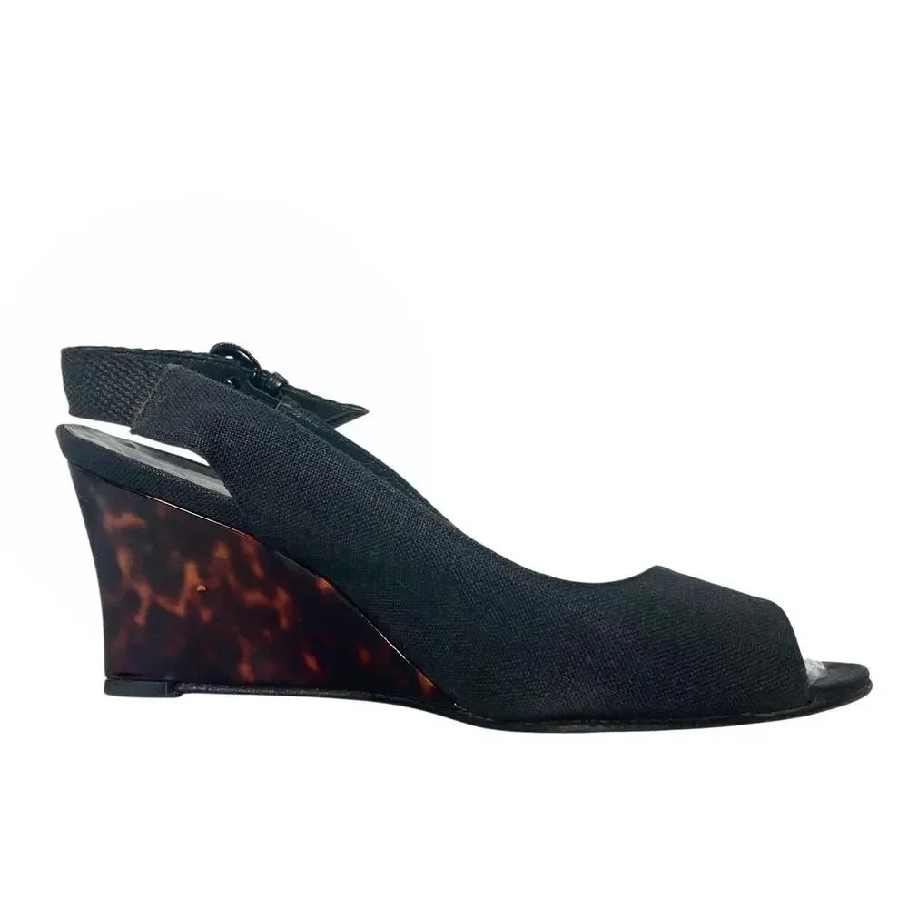 Vintage Stuart Weitzman Black Peep Toe Slingback Wedges Tortoise Resin Heels - Picture 3 of 16